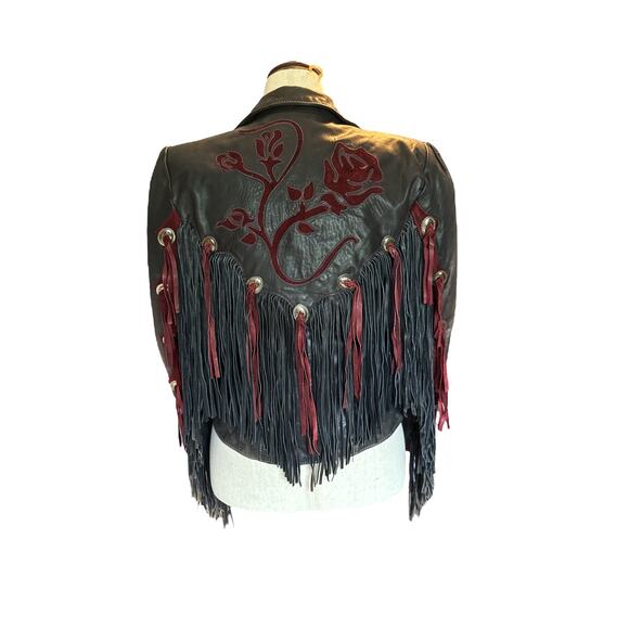 Vintage Dallas Leather Fringe Jacket Brown w/ Burgundy Rose Embroidery Size 10 - Picture 3 of 12